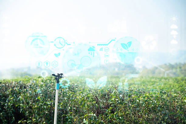 Futuristic smart farming system operating in a vibrant tea plantation, showcasing sustainable agriculture technologies.